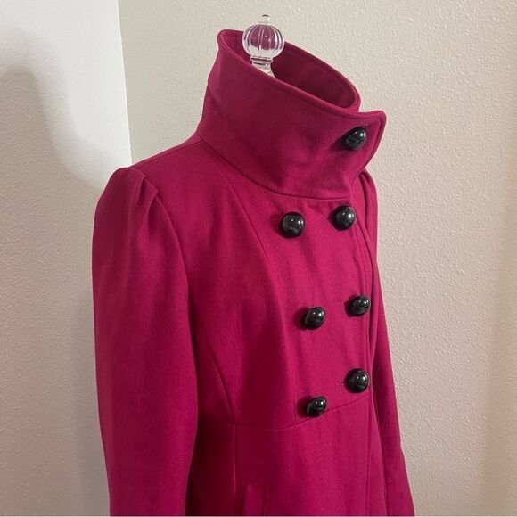 Guess Medium Magenta Pea Coat Wool Blend Cute Accents High Collar Mid Length - Picture 5 of 13